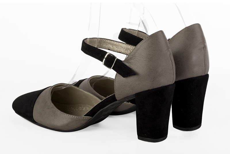 Matt black and ash grey women's open side shoes, with an instep strap. Round toe. Medium block heels. Rear view - Florence KOOIJMAN